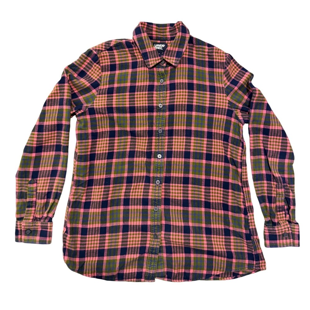 Lands End Plaid Flannel Button Down Shirt Pink Green Navy Women's M‎